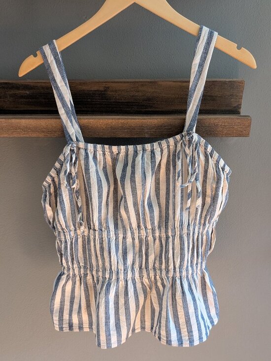 Universal Thread Tops - Universal Thread Blue White Striped Linen Smocked Peplum Top Large Coastal